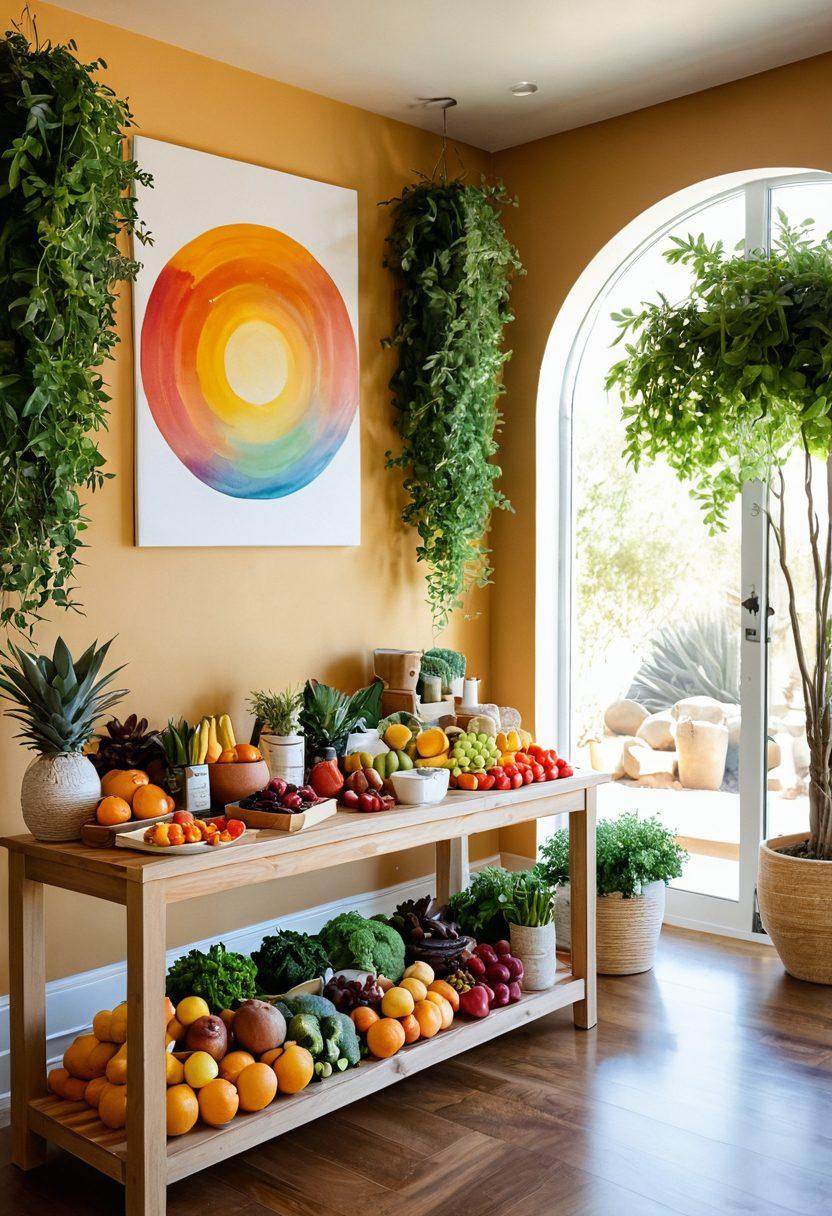 A serene landscape in soft, warm tones featuring a vibrant fruit and vegetable display on one side, symbolizing nutrition, and a peaceful therapy room on the other side with elements like crystals, essential oils, and calming decor. Include a patient receiving holistic treatment, exuding a sense of hope and healing. Emphasize sunlight streaming through, illuminating both sides. painting. warm colors. tranquil ambiance.