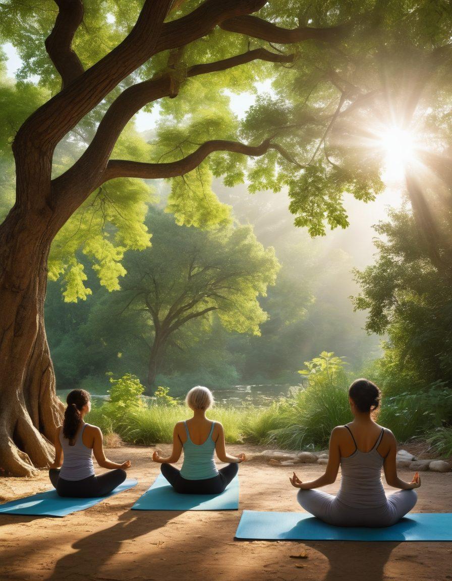 A serene gathering of diverse individuals from the cancer community, engaging in holistic health practices like yoga and meditation in a tranquil outdoor setting. Incorporate elements of cultural symbols and vibrant natural surroundings to emphasize unity and empowerment. Include subtle representations of wellness practices like herbal remedies and nutritious foods. The scene should radiate hope and resilience with warm sunlight filtering through the trees. super-realistic. vibrant colors. peaceful atmosphere.