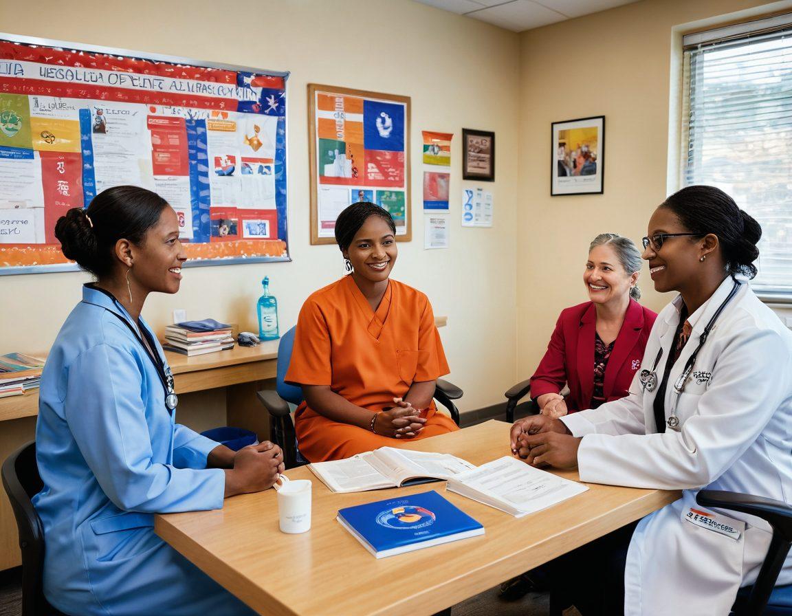 A heartwarming scene depicting healthcare professionals from diverse backgrounds engaged in a supportive conversation with patients from various cultural communities. Include symbols of different cultures, such as flags and traditional attire, while educational materials like books and pamphlets on cancer care are visibly displayed. The background features a warm, inviting clinic environment to enhance the sense of community and education. vibrant colors. super-realistic.